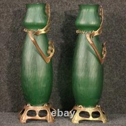 Pair of French Art Nouveau style vintage glass vases with 900 metal collection