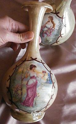 Pansu Vases Style Art Nouveau Porcelain Iridescent Polychrome Woman Iris & Flowers