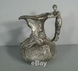 Pewter Pitcher Art Nouveau Decor Woman And Putti Signed Henry Huppe