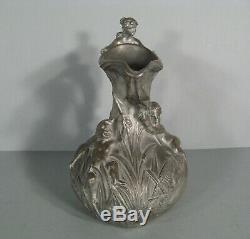Pewter Pitcher Art Nouveau Decor Woman And Putti Signed Henry Huppe