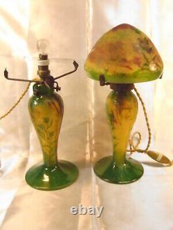 Rare Pair Lamp Glass Pt Clear Acid Glazed Art New Style Galle Lamp