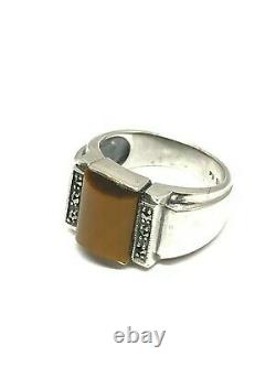 Ring Style Art Deco Silver, Tiger Eye And Marcasite, Adjustable Waist