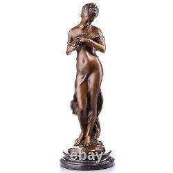 Sculpture Girl with Dove in Bronze Art Nouveau Style on Black Marble