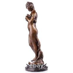 Sculpture Girl with Dove in Bronze Art Nouveau Style on Black Marble