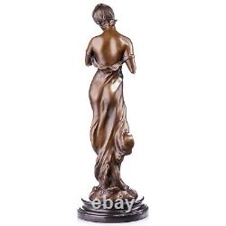 Sculpture Girl with Dove in Bronze Art Nouveau Style on Black Marble