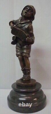 Sculpture Statue Boy with Accordion Art Deco Style Art Nouveau Solid Bronze