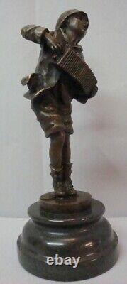 Sculpture Statue Boy with Accordion Art Deco Style Art Nouveau Solid Bronze