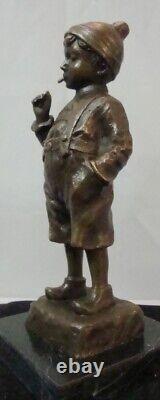 Sculpture Statue Smoking Boy Art Deco Style Art Nouveau Solid Bronze