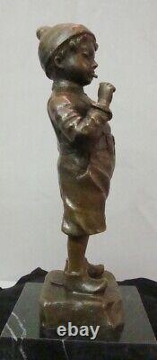 Sculpture Statue Smoking Boy Art Deco Style Art Nouveau Solid Bronze