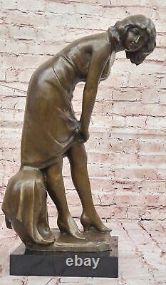 Signed Jean La Style Art Nouveau Bronze Sculpture Elegant Modern Woman Opens