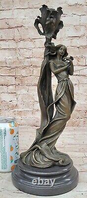 Signed Milo Style Art Nouveau Bronze Female Candleholder Statue Figurine Decor