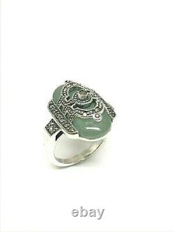 Silver Ring 925/1000 Art Deco, Green Jade And Marcasite