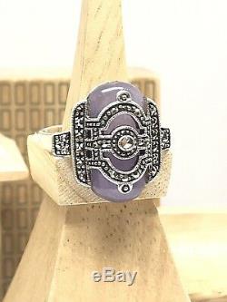 Silver Ring 925/1000 Art Deco, Lavender Jade And Marcasite