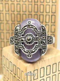 Silver Ring 925/1000 Art Deco, Lavender Jade And Marcasite