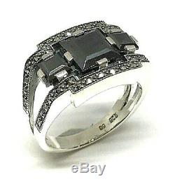 Silver Ring 925/1000 Art Deco Style, Natural Stone, Size 56