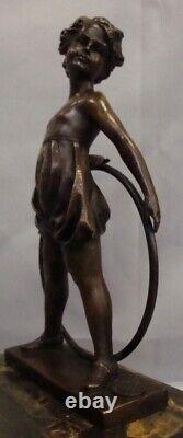 Solid Bronze Art Deco Style Art Nouveau Girl Sculpture with Hoop