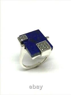 Solid Silver Ring Art Deco Style Lapis Lazuli And Marcassites