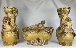 Splendid 3-Piece Terracotta Art Nouveau 1900 Style Goldscheider Garniture