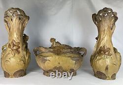 Splendid 3-Piece Terracotta Art Nouveau 1900 Style Goldscheider Garniture