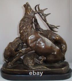 Statue Sculpture Deer Dog Hunting Animalist Art Deco Art Nouveau Style Br