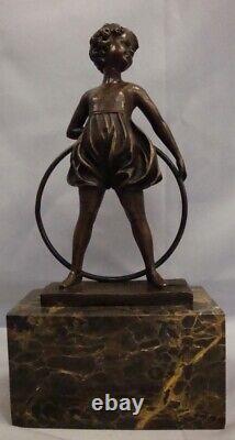 Statue Sculpture Girl with Hoop Art Deco Style Art Nouveau Solid Bronze