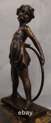 Statue Sculpture Girl with Hoop Art Deco Style Art Nouveau Solid Bronze