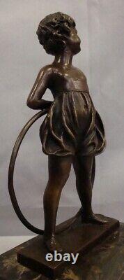 Statue Sculpture Girl with Hoop Art Deco Style Art Nouveau Solid Bronze