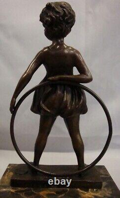 Statue Sculpture Girl with Hoop Art Deco Style Art Nouveau Solid Bronze