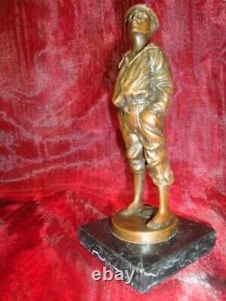 Statue Sculpture Whistling Boy Art Deco Style Art Nouveau Massive Bronze