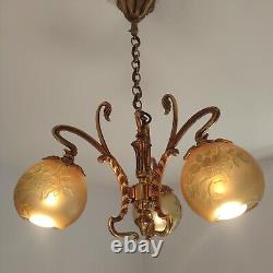 Superb 3-Light Art Nouveau Style Chandelier by Lucien Gau & Vianne from the 80's