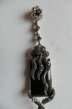 Superb Art Nouveau Style Pendant In Silver Onyx Ruby Pearl And Marcassite