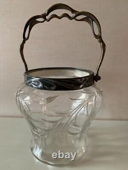 Translation: Vintage Art Nouveau Ice Bucket with Etched Glass and Hector Guimard-Style Handle