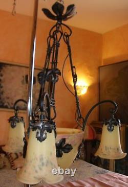 Wrought iron & glass paste chandelier with Art Nouveau style vines and grapes motif