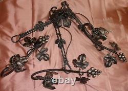 Wrought iron & glass paste chandelier with Art Nouveau style vines and grapes motif