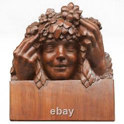 Young Girl With Flowers Sculpture Art Nouveau Style Patinated Wood