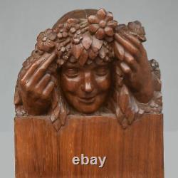 Young Girl With Flowers Sculpture Art Nouveau Style Patinated Wood