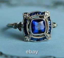 4Ct Coussin Bleu Saphir Diamant Art Déco Style Ancien Bague Or FN925 Argent