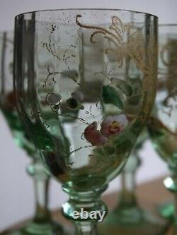 6 Anciens Verres A Liqueur Cristal Fleurs Emaille Art Nouveau Style Legras