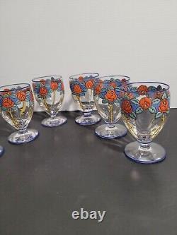 6 verres cristal émaillé art nouveau déco fleurs style Legras