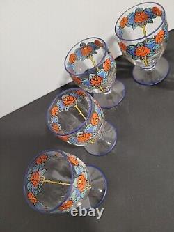 6 verres cristal émaillé art nouveau déco fleurs style Legras