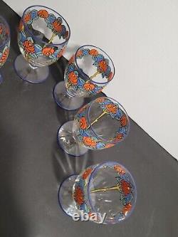 6 verres cristal émaillé art nouveau déco fleurs style Legras