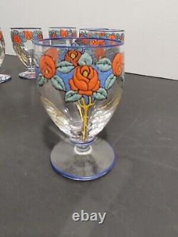 6 verres cristal émaillé art nouveau déco fleurs style Legras