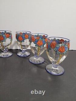 6 verres cristal émaillé art nouveau déco fleurs style Legras