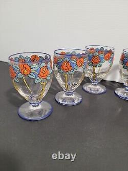 6 verres cristal émaillé art nouveau déco fleurs style Legras