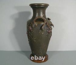 Ancien Vase Régule Patiné Style Art Nouveau Signé Moreau Décor Hirondelle Fleur