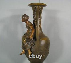 Ancien Vase Régule Style Art Nouveau Signé Moreau Décor Jeune Fermière