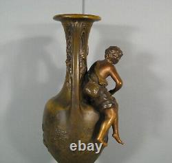 Ancien Vase Régule Style Art Nouveau Signé Moreau Décor Jeune Pêcheur Rivière