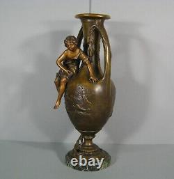 Ancien Vase Régule Style Art Nouveau Signé Moreau Décor Jeune Pêcheur Rivière