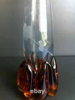 Ancien Vase Soliflore En Cristal Gravé À Décor De Fleurs Style Art Nouveau