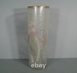 Ancien Vase Verre Émaillé Style Art Nouveau Décor Iris Montjoye Legras Pantin